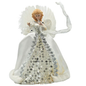 Vintage Light-Up Christmas Angel Tree Topper White Gown‎ Silver Sequins 12"